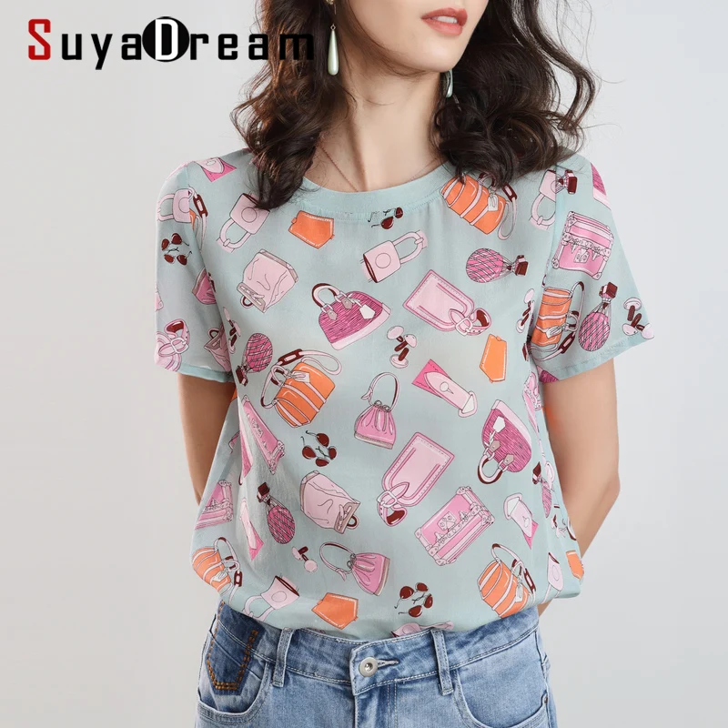 Женская блузка SuyaDream, блузка из 100% шелка с коротким рукавом и стоячим воротником, рубашка на весну и лето 2020|Блузки| | АлиЭкспресс