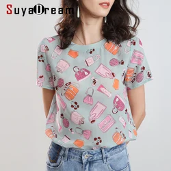 Suyadream blusas femininas estampadas de verão 100% crepe de seda manga curta gola redonda camisa camisa 2020 primavera top casual