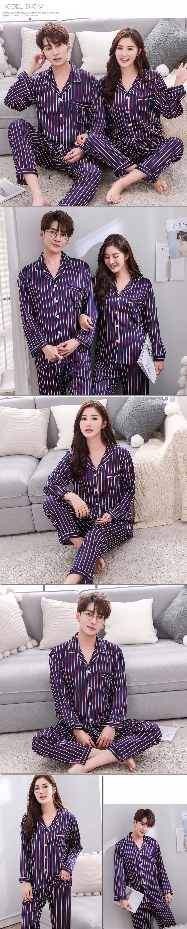 Парная Шелковая пижама комплекты атласная пижама полосатая Пижама домашний костюм пижама для влюбленных мужчин и женщин Одежда для влюбленных