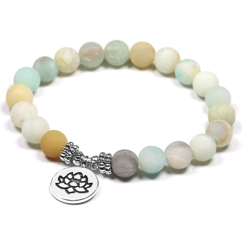 Natural Stone Yoga Bracelets 8mm Matte Amazonite Beads Bracelet With Lotus OM Buddha Charm Meditation Healing