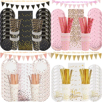 

Gold Dot Disposable Tableware Set Cup Plate Napkin Banner Baby 1st Birthday Party Decor Baby Shower Girl Party Supplies
