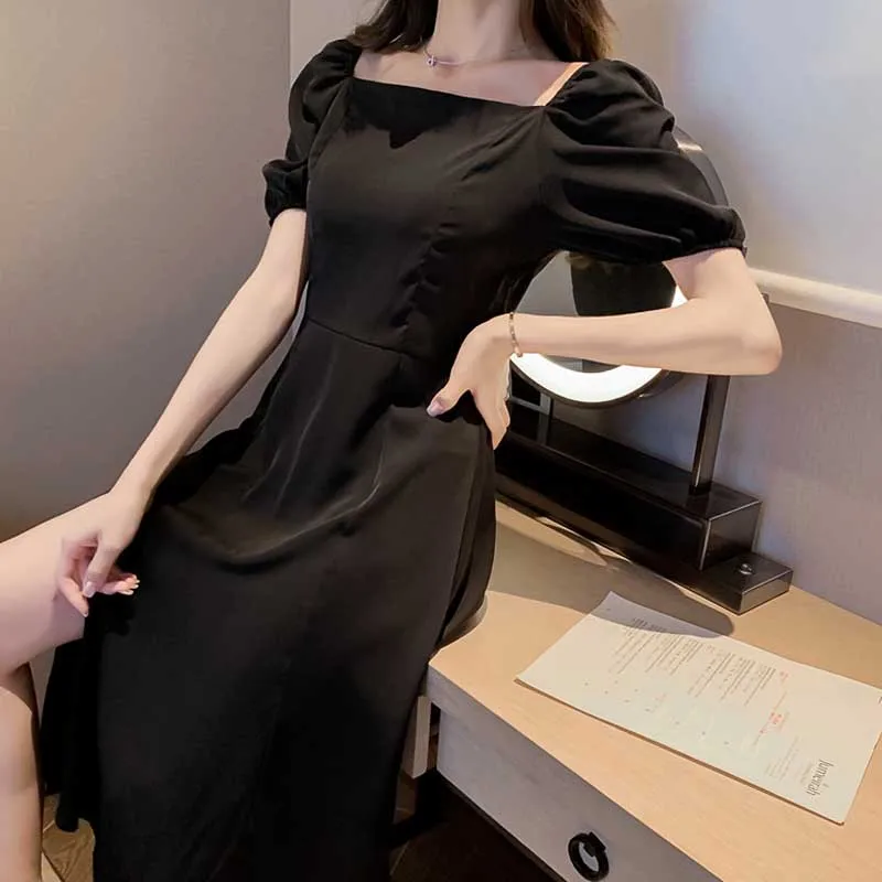 One-Piece Dress 2020 Summer New Fashion For Female Square Collar Puff Sleeve Dress Ladies Korean Party Holiday Elegant Dresses