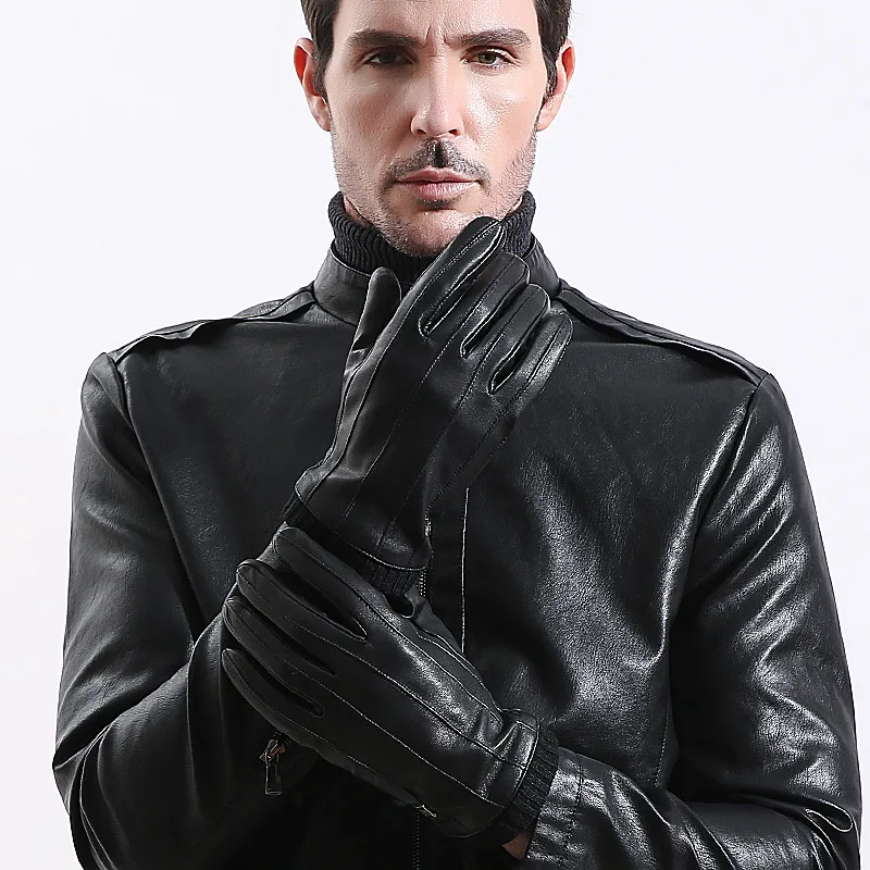 

gloves genuine leather men winter goat skin Touch screen Plus velvet Thicken Keep warm bike Windproof guantes hombre cuero moto