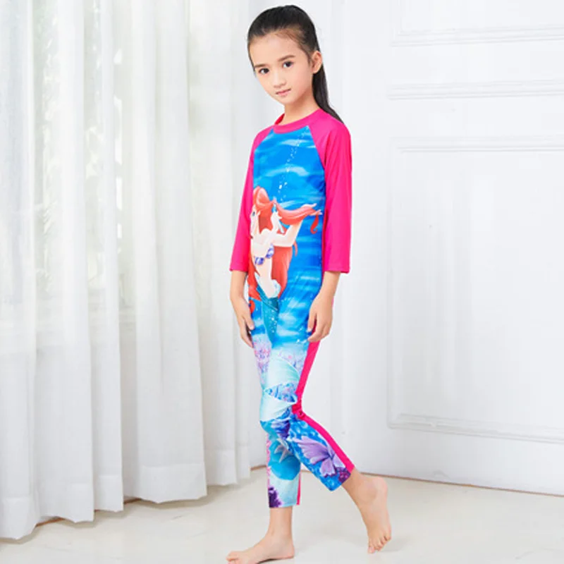 3-11Y Baby Girls Mermaid Swimsuit One Piece Long Sleeve Elsa Anna Cartoon Sophia Bathing Suits Quick-drying Beach Swimwear
