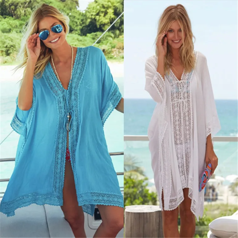 

Lacework Sheer Chiffion Bikini Cover Up Women Summer Holiday Plage Oversized Beach Dress Cardigan Blue White Bat Sleeve Swimsuit