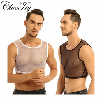 

Male Mens Mesh Clubwear Party Cosplay T shirt Sleeveless See-through Mesh Fishnet Muscle Party T-Shirt for Evening Party