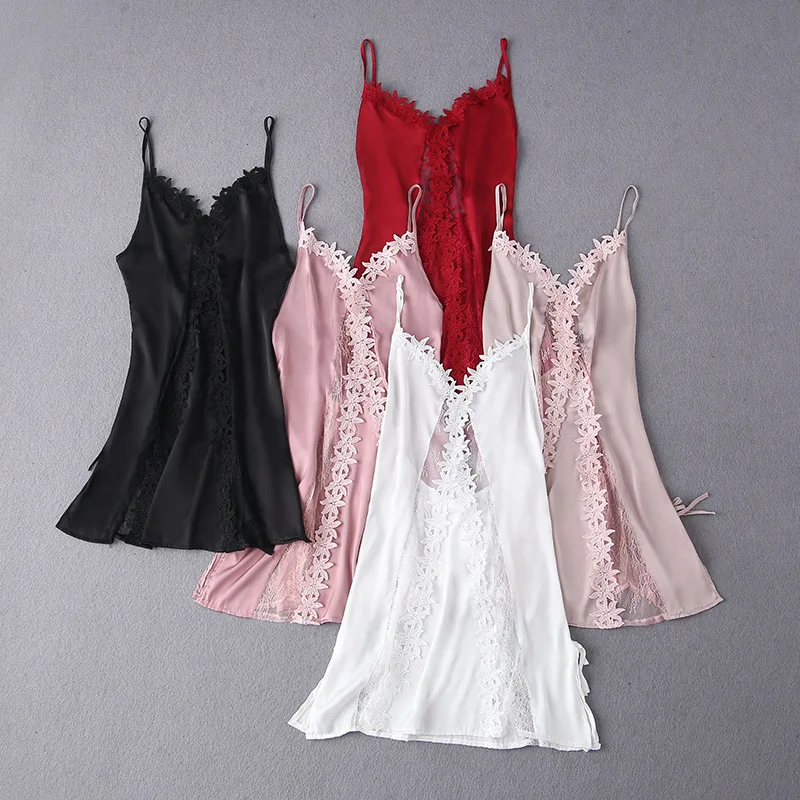 Appliques Sexy Nightgown Satin Women Lace Sleep Dress Loose Hollow Out Nightdress Sleepwear V-Neck Rayon Home Dressing Gown - Image 6