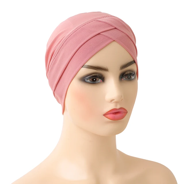 H117 High Quality Criss Cross Muslim Hijab Inner Hat Underscarf Pull On Islamic Scarf Turban Caps Full Headcover Women Headwrap dusty pink