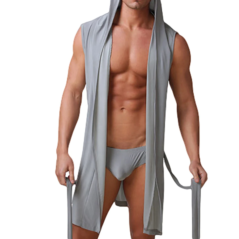 Men Summer Dress Bath Robe Sexy Pajamas Sleepwear Hombre Sleeveless Hooded Casual Kimono Bathrobe Nightgown Robe Solid Color best mens pajamas