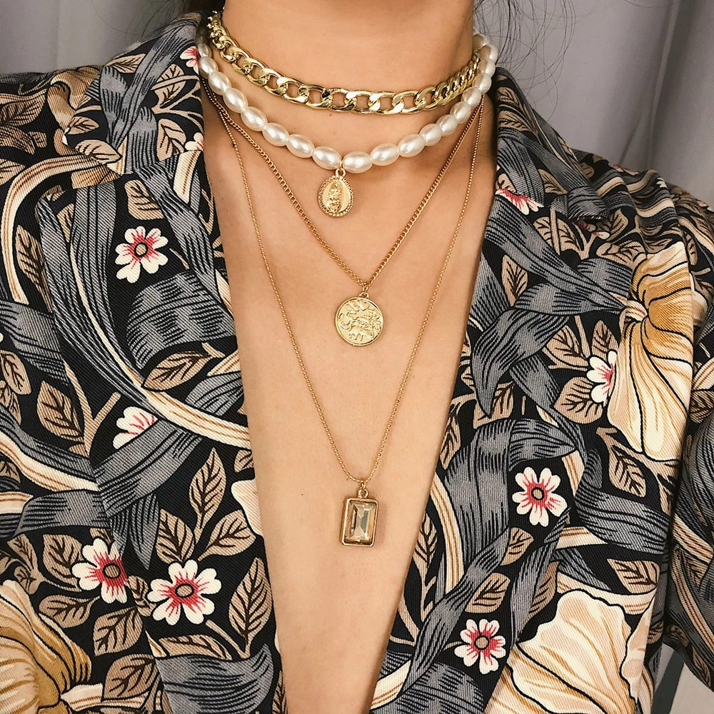 

1PC Multi-layer Punk Pendant Long Necklace Golden Choker Collar Statement Pearl Chains Vintage Women Fashion Jewelry Accessories