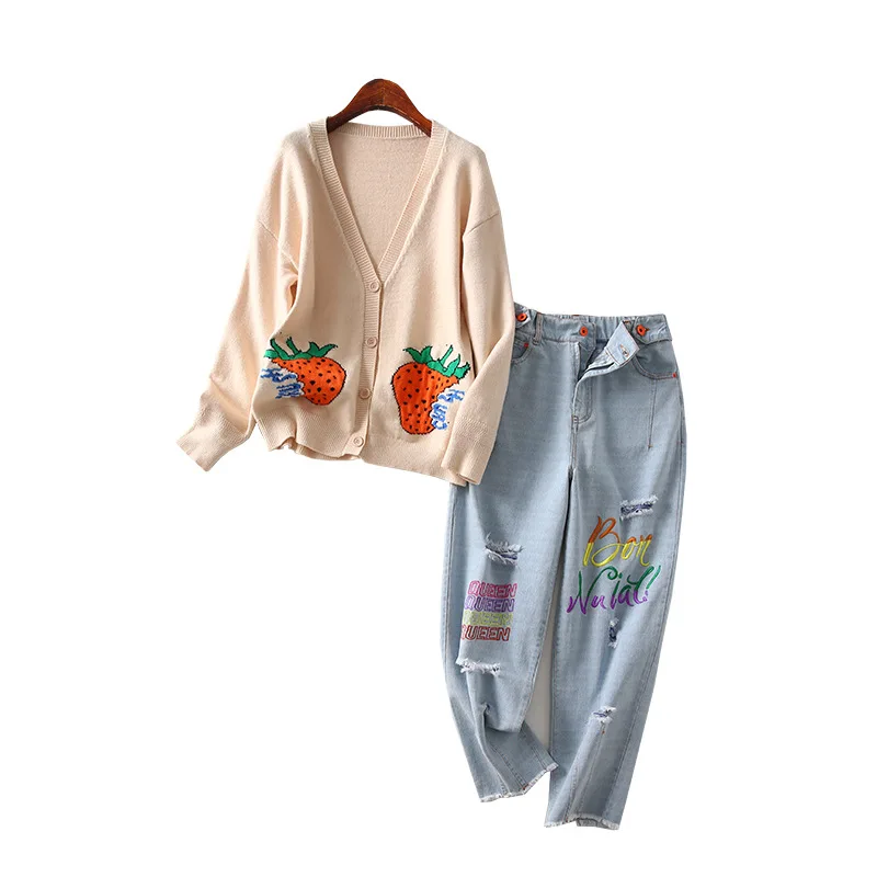 

A Generation of Embroidered Knitted Cardigan with Holes Printed Letter Cowboy Harem Pants Two-Piece Women's Entity