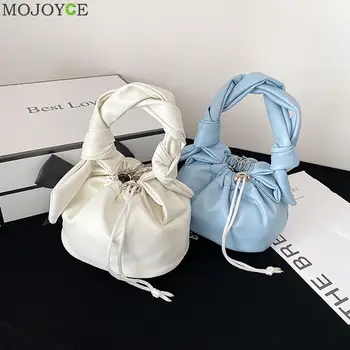 

Chic Women PU Pleated Tie Shoulder Handbags Classic Texture Creative Design Drawstring Bucket Messenger Totes Bags