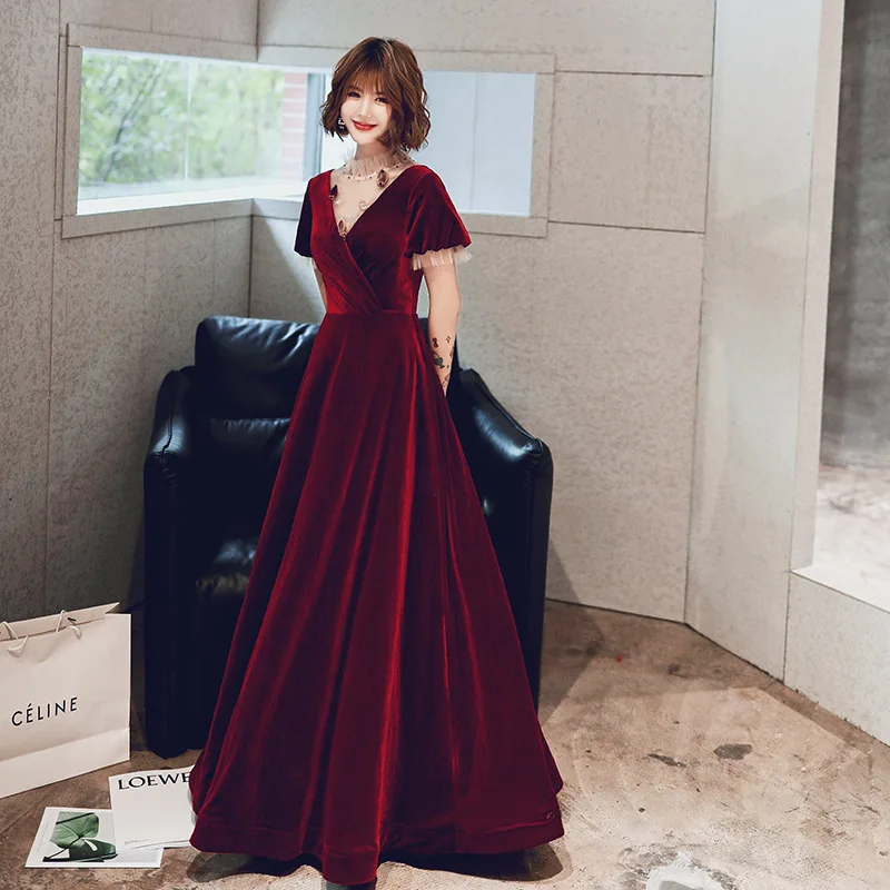 

female wine red 2020 annual meeting of new autumn and winter style collar high temperament velvet a toast to the bride