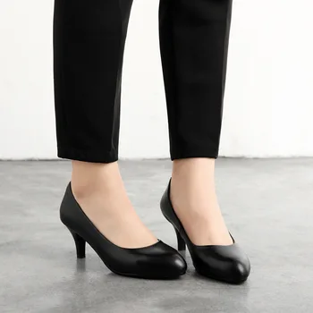 

Shoes Women Round-Toe Genuine Leather High Heels Cowhide Ladies Shoes Low-Cut Sapato Feminino Black Pumps Tacones Mujer 4 5 6cm