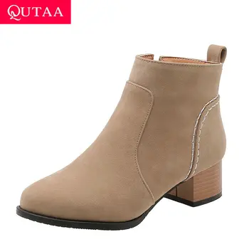 

QUTAA 2020 Sewing Flock Round Toe Casual Women Shoes Square High Heel Zipper Ankle Boots Autumn Winter Short Boots Size 34-43