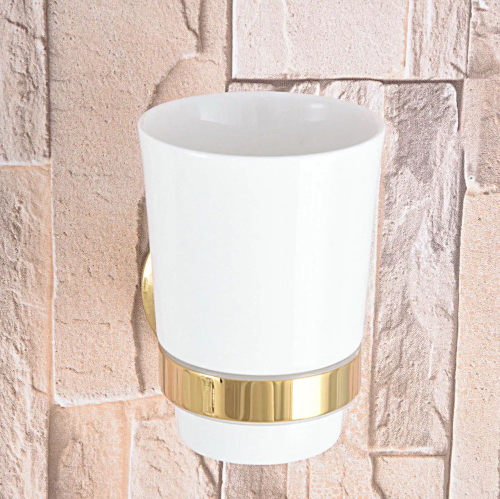 Brushed  gold Brass Wall Mounted Toothbrush Holder with Single Ceramic Cups 