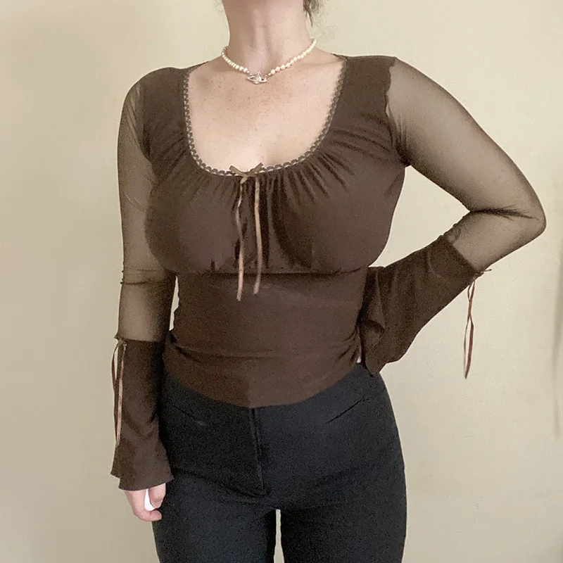 InstaHot women flare full sleeve tshirt slim elegant slim mesh patchwork transparent high street vintage T shirt 2020 femme tops