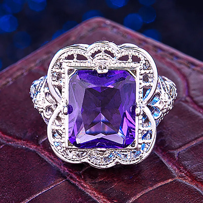 Цельное винтажное серебряное кольцо 925 для женщин с синим прямоугольным сапфиром серебряное кольцо с драгоценными камнями для женщин вечерние подарочные Размеры 6-10 - Цвет камня: Purple