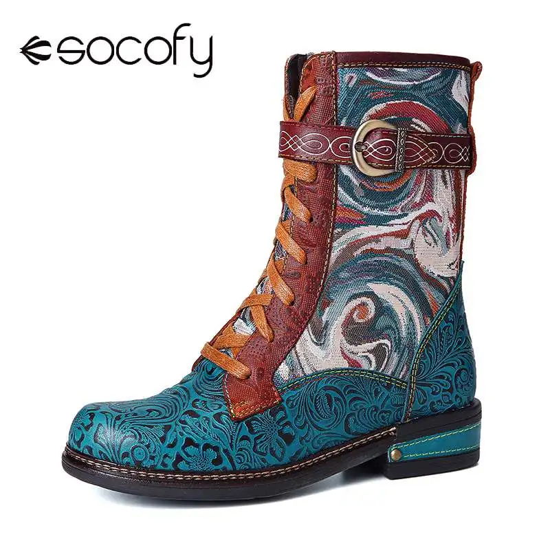 SOCOFY Botas Mujer Geprägt Echtem Leder Spleißen Phantasie Muster Spitze Up  Zipper Flache Kurze Stiefel Damen Schuhe Frauen Winter|Ankle Boots| -  AliExpress