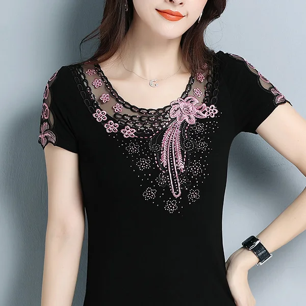 Модная женская блузка с коротким рукавом, элегантная тонкая вышитая сетчатая рубашка, большие размеры, летние женские топы, блузки - Цвет: Short sleeve- Pink