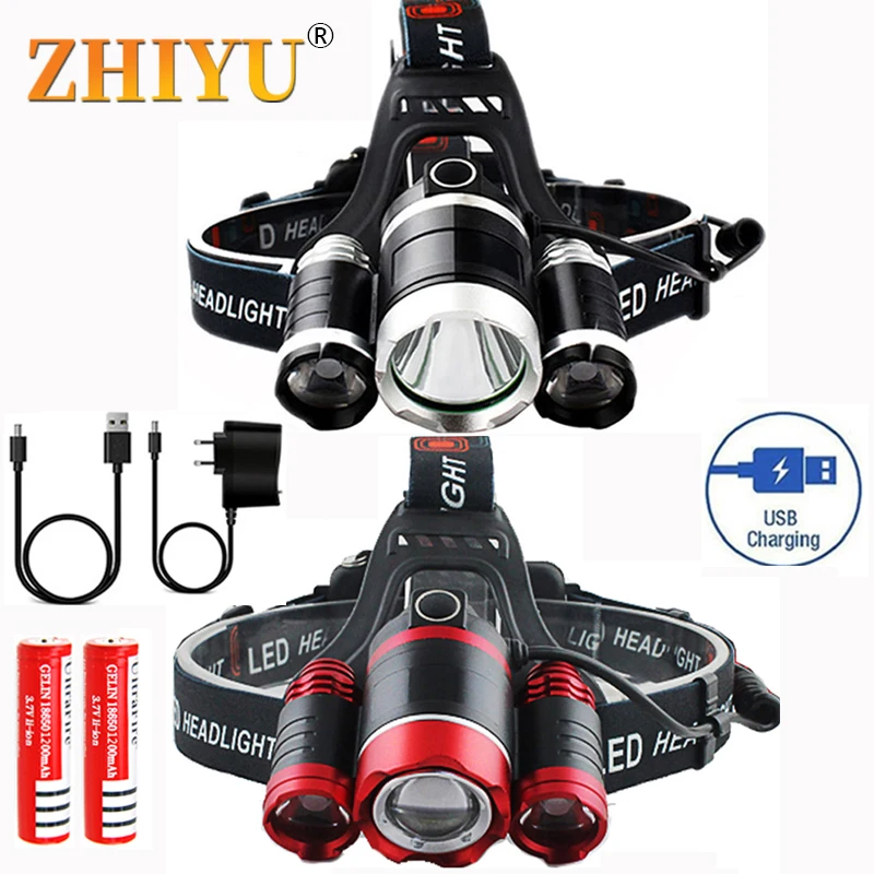 

XM-T6 3 LED Headlamp Light Lantern Head Lamp Flashlight Zoomable USB Rechargeable Lamp with 18650 Battery Lantern for Camping