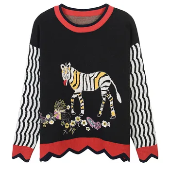 

Runway Zebra Print Sweater Women Pullovers Knitted Autumn Winter Long Sleeve Female Tops Floral Embroidery Casual Ladies Jumper
