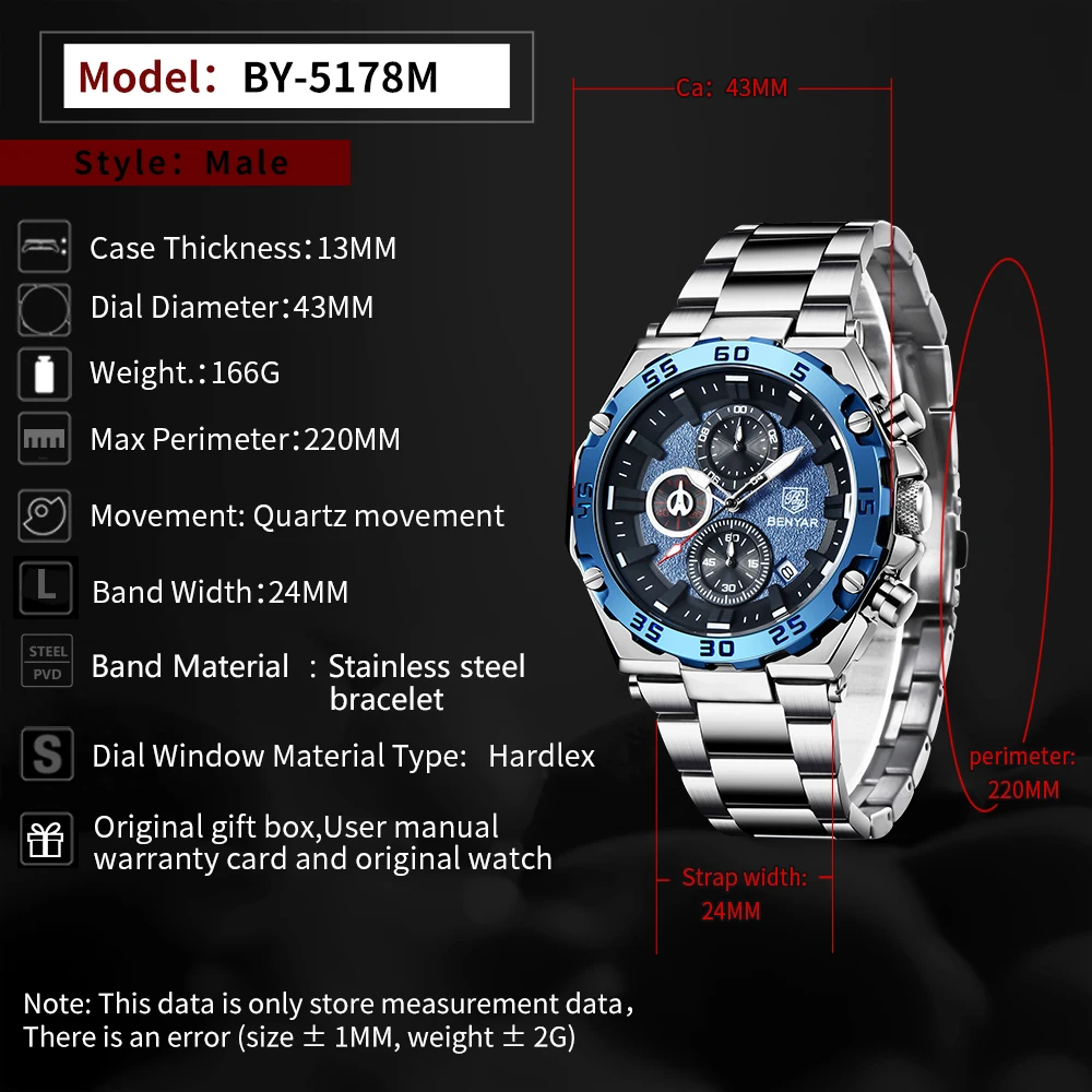 BENYAR New Stainless Steel Diver Watch Luminous Sport Luxury Men Quartz Wristwatches Business Chronograph Clock reloj hombre