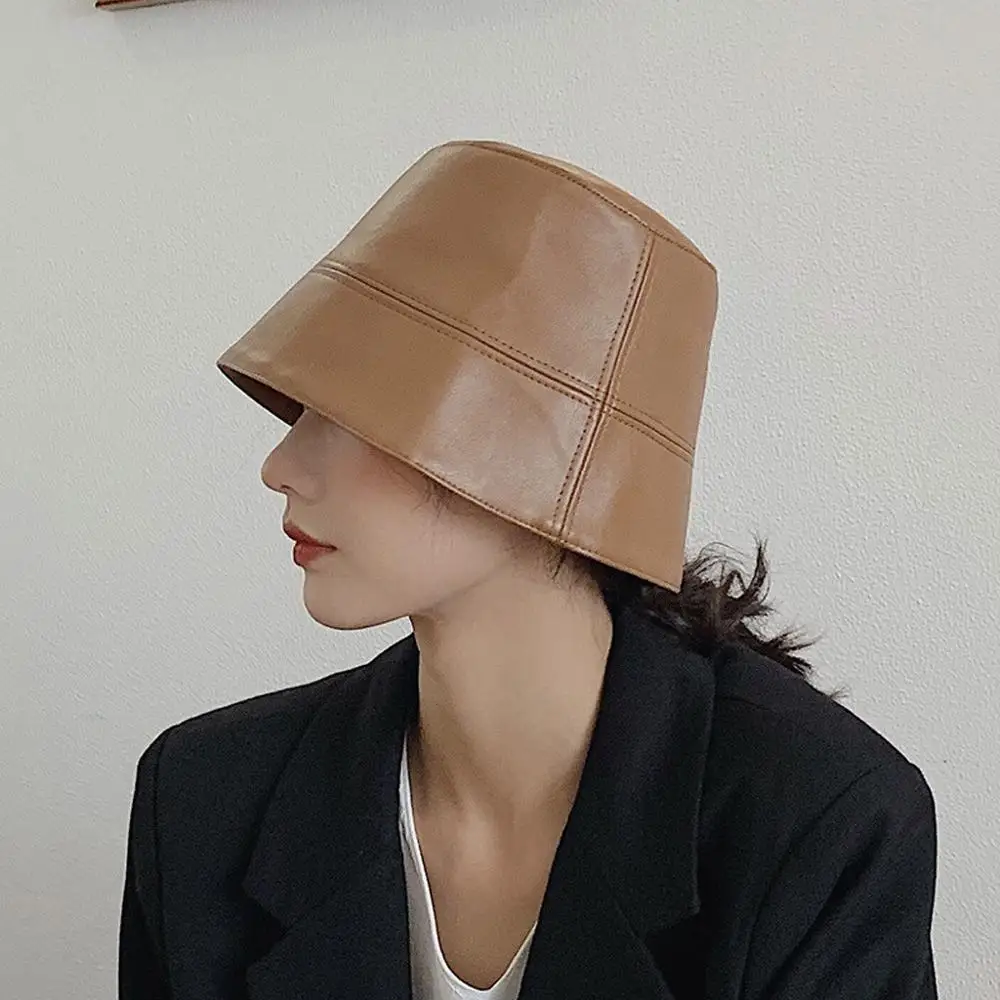 PU Leather Winter Bucket Hat For Women Girl Fashion Solid Soft Keep Warm Fishing Cap Outdoor Vacation Hat Cap Lady Panama