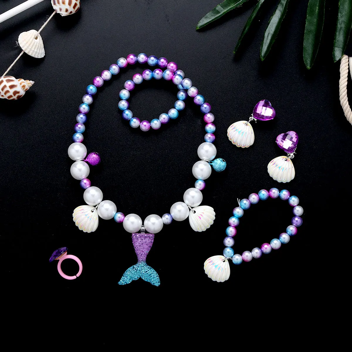 Kids Girls Mermaid Taile Pendant Pearl Necklace Bracelet Ear clip Ring Set Girl Accessories Girls Roleplay Carnival Costume pirate costume women