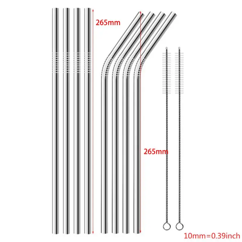 set of 8 stainless steel metal straws extra(4 Straight+ 4 Bent+ 2 cleaning brushes) D5BD