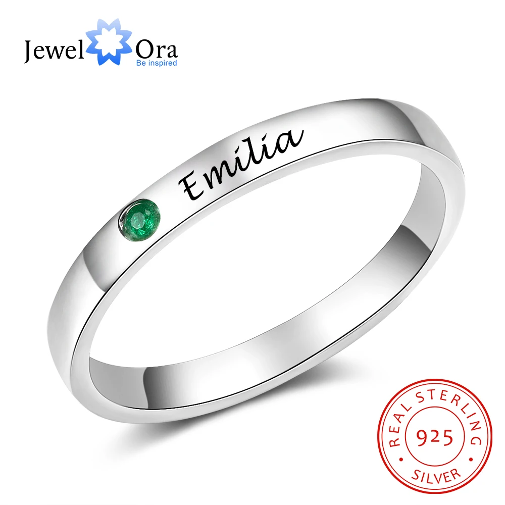 925 Sterling Silver Promise Ring Personalized Custom Engraved Name Ring with 3 Simulated Birthstones Customized Jewelry Gift for Birthday Christmas Day