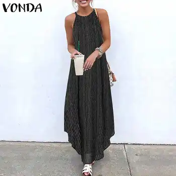 

VONDA Women Sundress Casual Loose Spaghetti Strap Halter Neck Striped Long Dress Asymmetric Hem Kaftan Dress Plus Size Vestidos