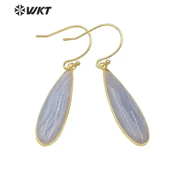 

WT-E636 Wholesale tiny fashion gold bezel teardrop pendant earrings natural stone carved polish drop earrings