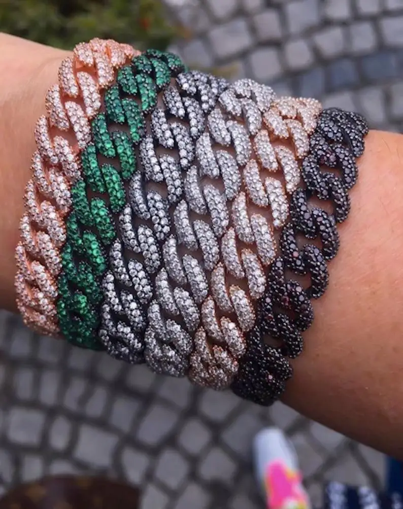 

Iced Out Men's Hip Hop Bling Bling cubic zirconia Miami cuban Chain Bracelet with Silver Gold Color plated Chain Jewelry