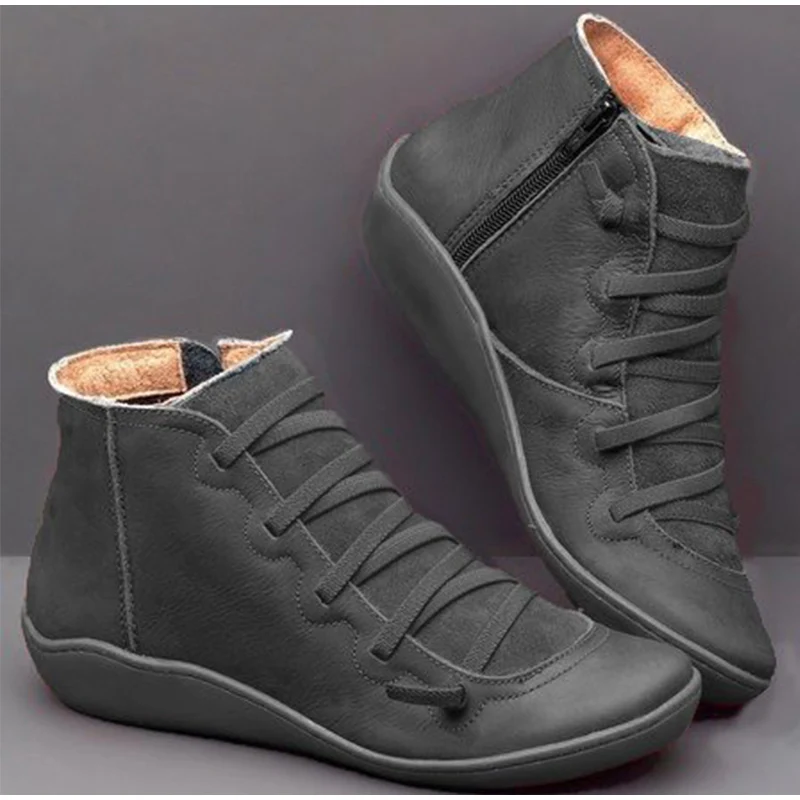 Winter Boots Ankle Boots Women Winter Boots PU Leather Ankle Boots Spring Flat Shoes Female Casual Short Fashion Retro Lace-up Zapatos Mujer