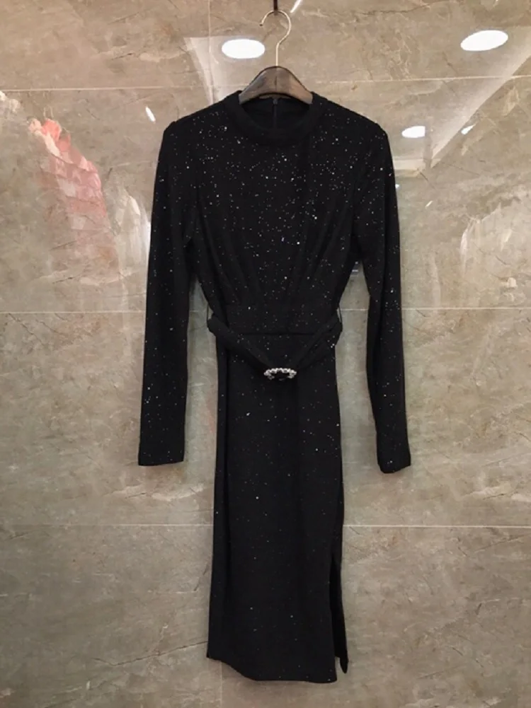 Высококачественное трикотажное платье Весна Осень Зима Vestidos женское трикотажное платье с люрексом и поясом из бисера, тонкое серое черное платье