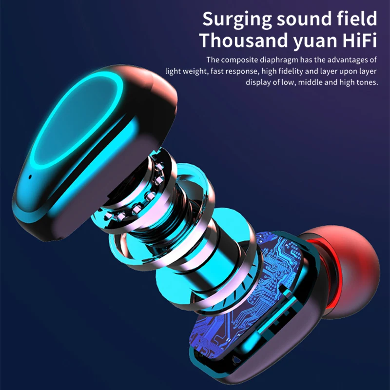 NEW TWS Sport Bluetooth 5.1 Wireless Earphones IPX5 Waterproof With Charging Cable at the Bottom 9D HD Touch Contorl Headset