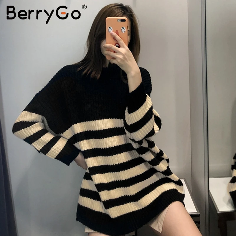 BerryGo Oversize striped knitted pullover sweater women Loose autumn winter female Long sleeve streetwear ladies jumper | Женская одежда