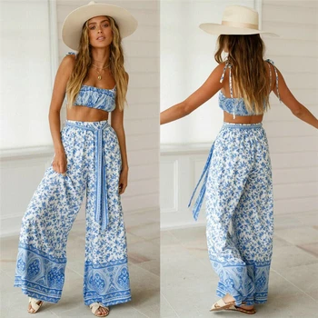 

Fashion Summer 2 Two Piece Set Women Sexy Off Shoulder Crop Tops Pants Set Floral Print Female Casual Holiday Outfits