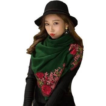 

Scarf All Match Women Pashmina green Wrap Soft Cashmere Scarves Embroider Flower Long Shawls Winter bufanda mujer