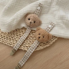 Ours mignon Plaid sucette en coton, Clip chaîne de sucette pour bébé, anneau de dentition porte sucette Clip bricolage porte mamelon factice sangle de laisse