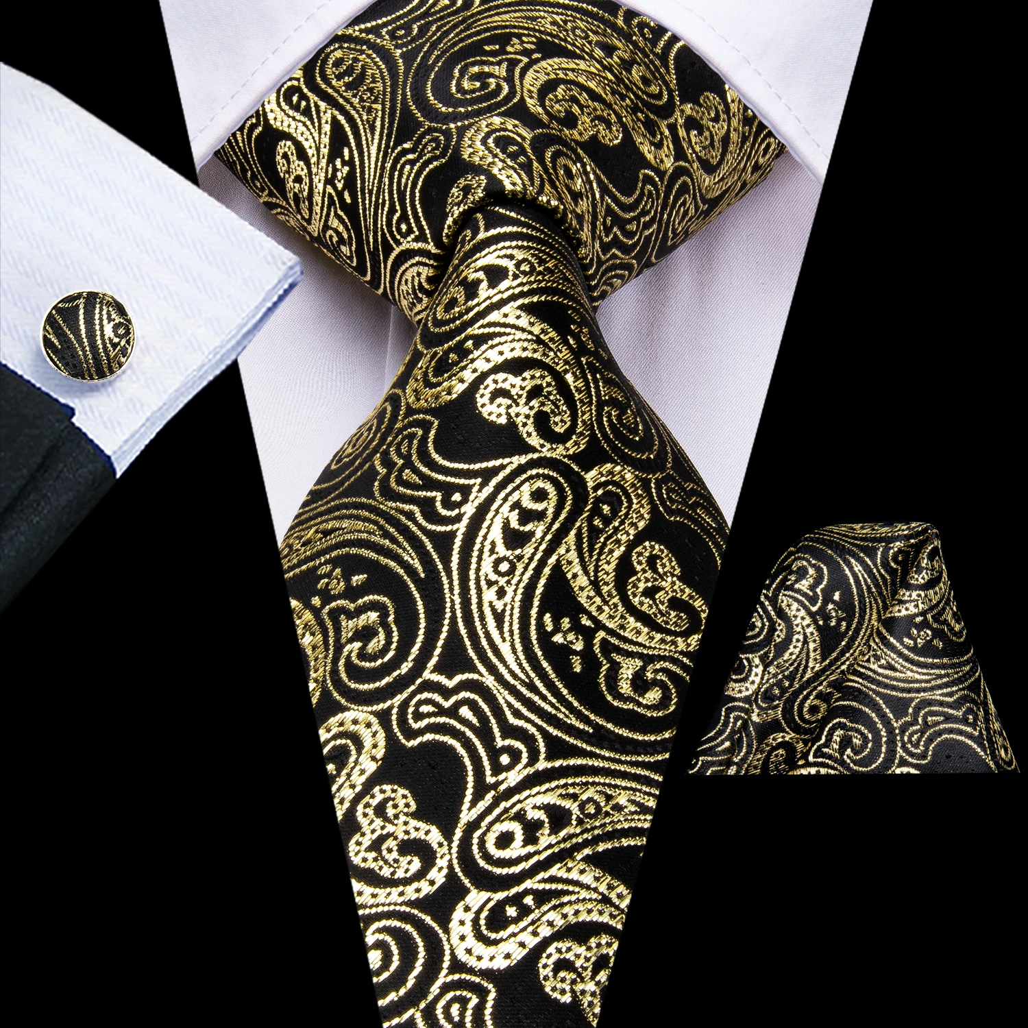 

Hi-Tie Mens Necktie Luxury Black Gold Paisley Silk Wedding Tie For Men Hanky Cufflinks Gift Tie Set Business Party Dropshipping
