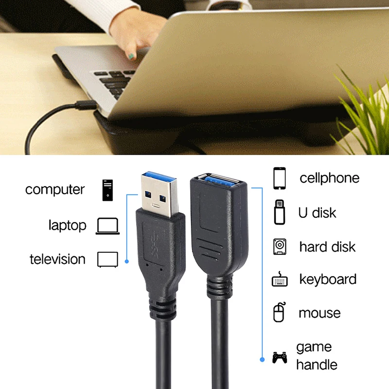Sync USB Extension Cable Cord Wire Black Replace Accessory High Speed USB3.0 Male To Female