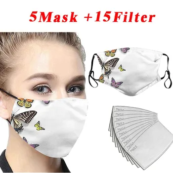 

5pcs Face Mask Printing Dustproof Windproof Fog Haze Dustproof PM2.5 Pollution Cover With Filter Adjustable Reusable Mouth Mask