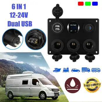 

6 in 1 Rocker Switch Panel Kit 12V 24V Circuit Breaker LED Marine for Boat Rocker Switch Panel with Dual USB Charger voltmeter
