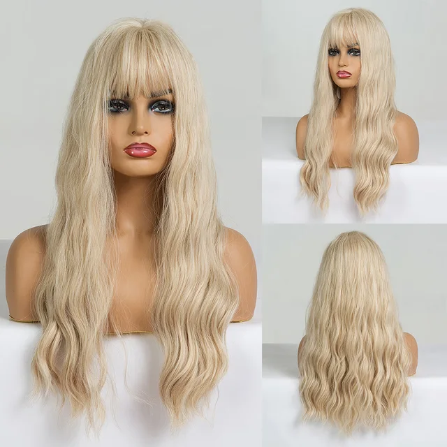 EASIHAIR Long Dark Brown Women's Wigs with Bangs Water Wave Heat Resistant Synthetic Wigs for Black Women African American Hair LC205-2