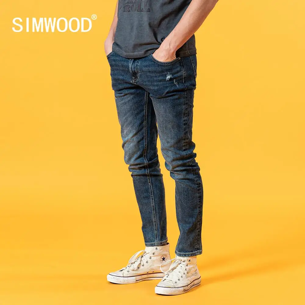 Jeans Men Denim Trousers Slim-Fit Plus-Size Summer SIMWOOD Clothing Ripped Casual Fashion