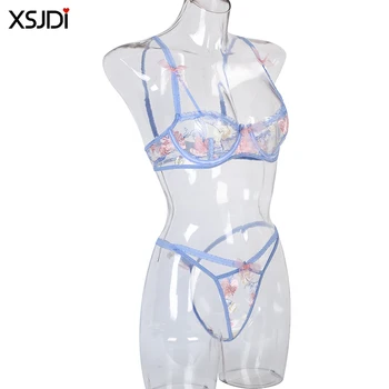 Women's Sexy Floral Underwear Set Transparent Underwire Bra Thong Set Lace Embroidery Bra Underwear Set Erotic Exotic 4
