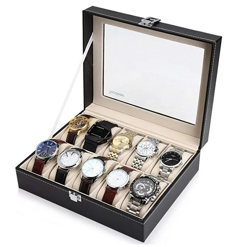 10 Grids Wristwatch Box Holder PU Leather Watch Box Watches Display Case Rectangle Jewelry Storage Boxes High Quality