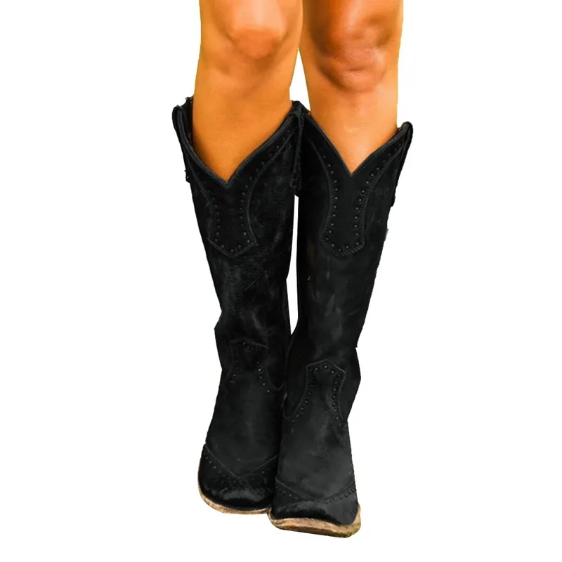 Puimentiua/женские ботинки; сапоги до колена с заклепками в стиле ретро; женские ковбойские ботинки; модная повседневная обувь; женская зимняя обувь - Цвет: black